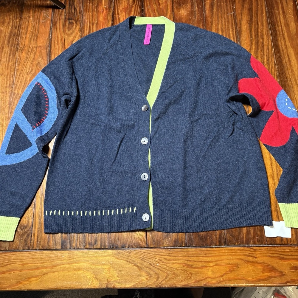 Zaket & Plover Cashmere Blue Cardigan Peace Sign Flower Sleeve Sz M New A1204